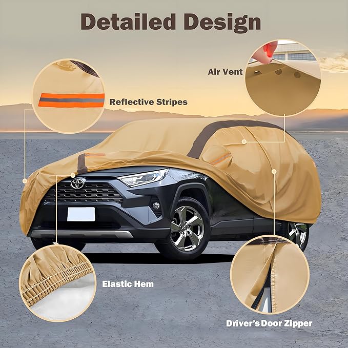 RAV4 Car Cover Waterproof All Weather Compatible with Toyota RAV4(2006-2024), Outdoor Anti-UV Sun Rain Protection Full Exterior Cover (Camel with Brown)