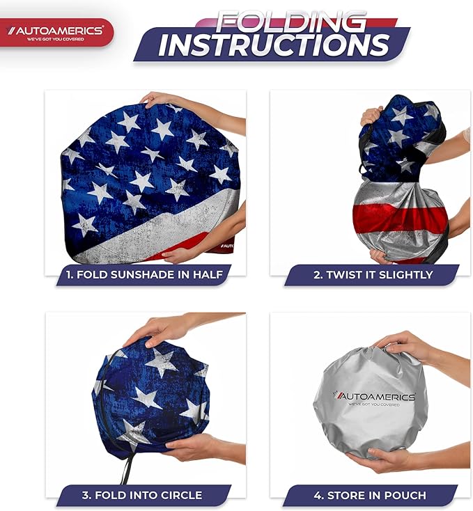 Autoamerics 1-Piece Windshield Sun Shade Grunge American Flag - 4 USA Design - Foldable Car Front Window Sunshade for Most Sedans SUV Truck - Blocks Max UV Rays and Keeps Your Vehicle Cool - Large