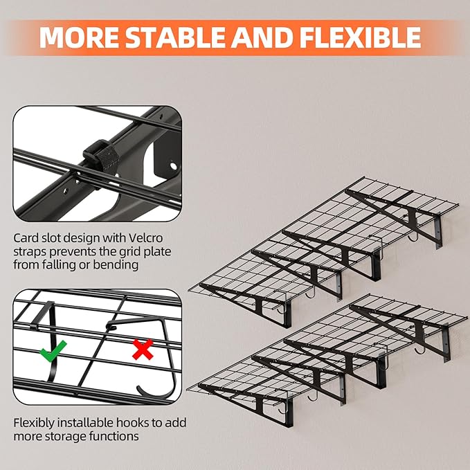 2-Pack 2x6ft Garage Wall Shelf, 72 inch Floating Shelf with 8 Bike Hooks, 1200 lbs Load Capacity Storage Shelves, Heavy Duty Metal Wall Mounted Shelves for Kitchen Laundry Workplace