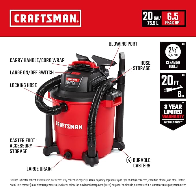 CRAFTSMAN CMXEVBE17596 20 Gal. 6.5 Peak HP Heavy Duty Wet/Dry Shop Vacuum with Filter, Dust Bag, Hose, Attachments and CMXEVBE17250 2.5 Gal. 2.5 Peak HP Portable Vac with Filter, Hose and Attachments