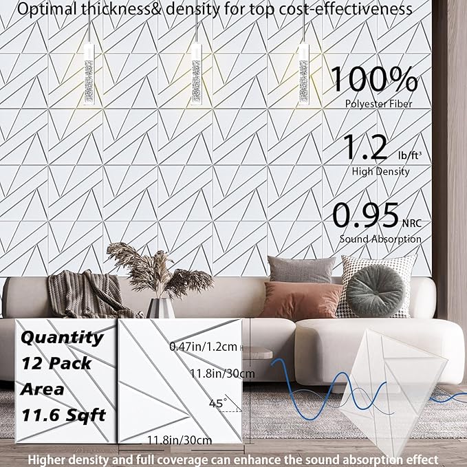 12 Pack Self-Adhesive Soundproof Wall Panels, 12 x 12 x 0.47 In Sound Proof Foam Panels for Walls, 1.2lb/ft³ High Density, Thicker 0.47in, Acoustic Panels, Noise Dampening Panels Studio White