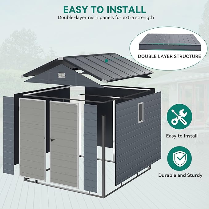 YITAHOME 8x9 FT Outdoor Storage Shed w/o Floor, All-Weather Plastic Shed with Lockable Doors, Window & Vents, Plastic Tool Shed for Backyard, Patio, Poolside, Lawn, Gray
