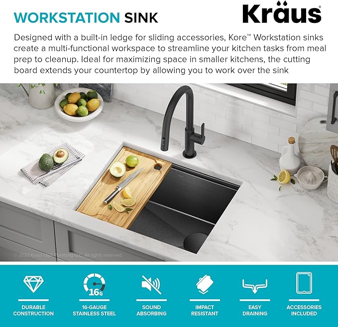 KRAUS Kore 23 Inch Undermount Workstation 16 Gauge Black Stainless Steel Single Bowl Kitchen Sink in PVD Gunmetal Finish with Accessories, KWU1111-23-PGM