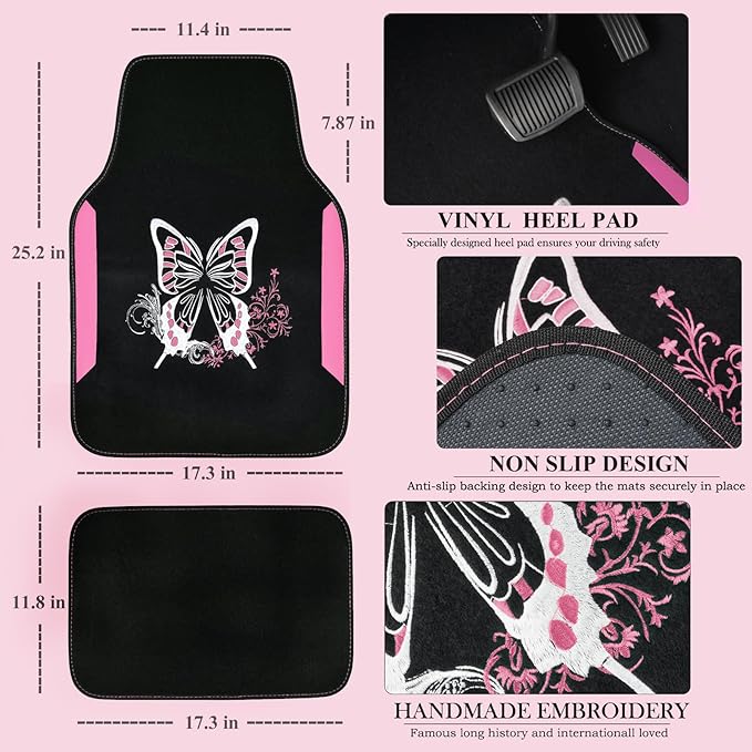 CAR PASS Pink Leather & Gaberdine Butterfly Car Seat Covers Full Set with Waterproof Car Floor Mats and Embroidered Butterflies Steering Wheel Cover for Interior Sets ((Black & Pink)