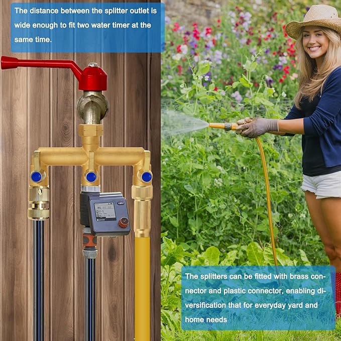Brass Garden Hose Splitter, 3 Way Hose Splitter, Outdoor Hose Splitter, GHT 3/4 in. Female Inlet and 3 Way 3/4 in, (Increase Flow Style)