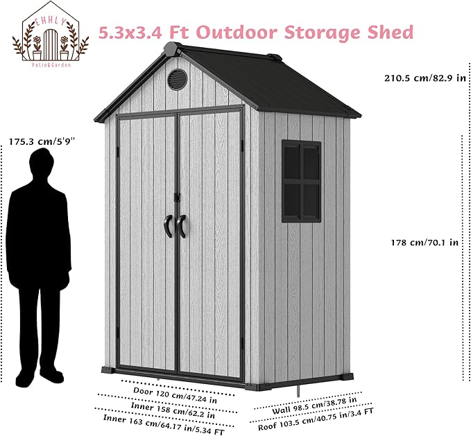 5.3x3.4 FT Resin Outdoor Storage Shed, 135 Cuft Garden Tool Sheds & Outdoor Storage Plastic Shed with Floor, 7FT Tall Backyard Outside Lawn Mower Storage Shed with Side Window, Cemented Grey