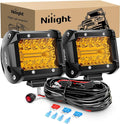 Nilight 2PC 4Inch Amber Led Pods Triple Row 60W Flood Spot Combo Driving Fog Lights with 16AWG Wiring Harness-2 Leads for Offroad Pickup Trucks Jeep ATV UTV SUV, 2 Years Warranty