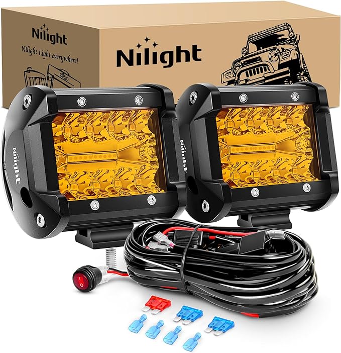 Nilight 2PC 4Inch Amber Led Pods Triple Row 60W Flood Spot Combo Driving Fog Lights with 16AWG Wiring Harness-2 Leads for Offroad Pickup Trucks Jeep ATV UTV SUV, 2 Years Warranty