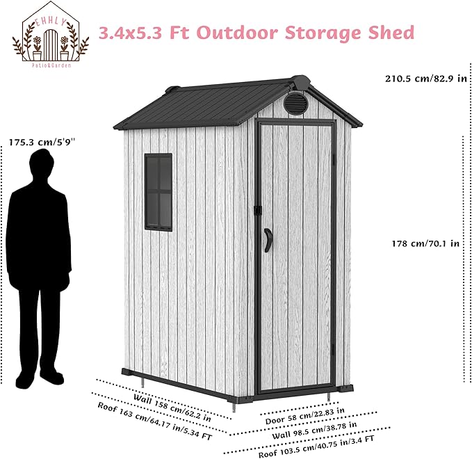3.4x5.3 FT Resin Outdoor Storage Shed, 125 Cuft Garden Tool Sheds & Outdoor Storage Plastic Shed with Floor, 7FT Tall Backyard Outside Lawn Mower Storage Shed with Side Window, Cemented Grey