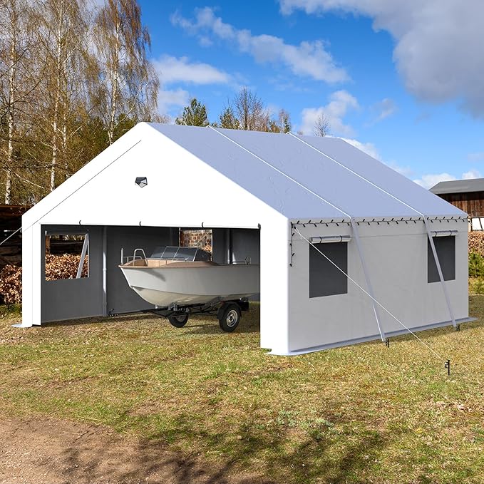 20x20 Carport Canopy, Heavy Duty Car Port, Portable Car Ports Garage with 2 Roll-Up Zipper Drive Through Doors, White