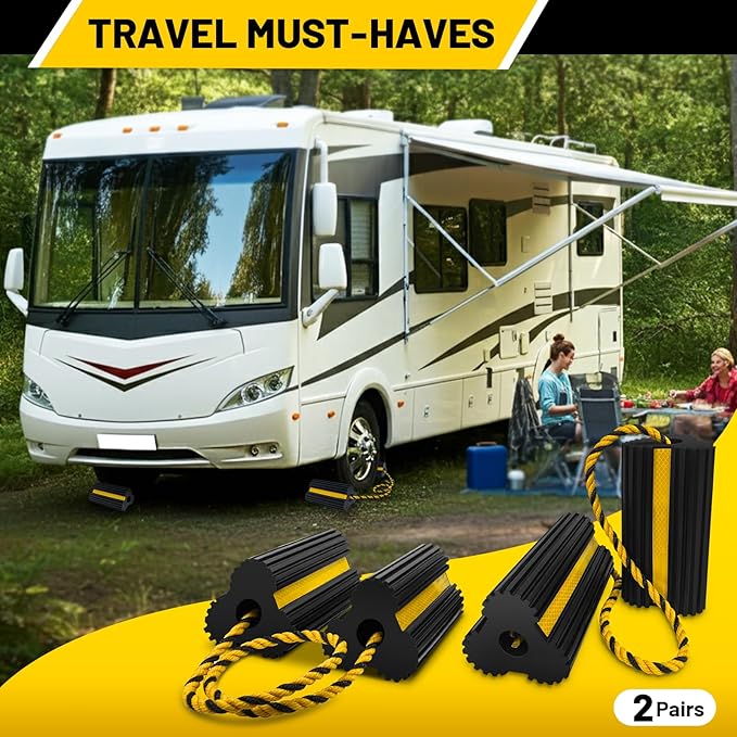 ROBLOCK 2 Pairs Wheel Chocks Heavy-Duty Rubber Wheel Block Non-Slip Base with Nylon Rope Yellow Reflective Tape - 4 Pack Wheel Stopper for Travel Trailers, Car, Camper, Truck, Black