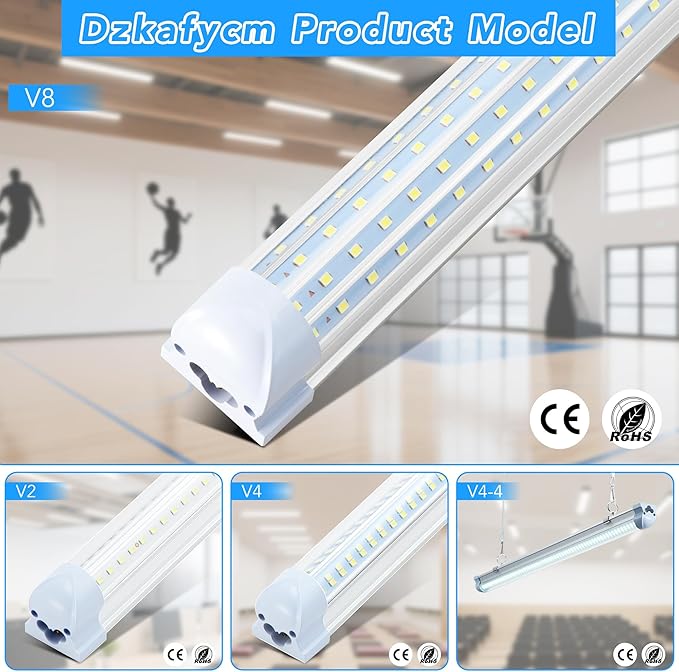 6 Pack 8FT T8 LED Shop Lights, 120W Integrated Tube Light, 19200LM 6000-6500K Daylight, Linkable Lighting, Plug & Play Energy-Saving Commercial Bay Lighting for Garage Warehouse Basement (V8)