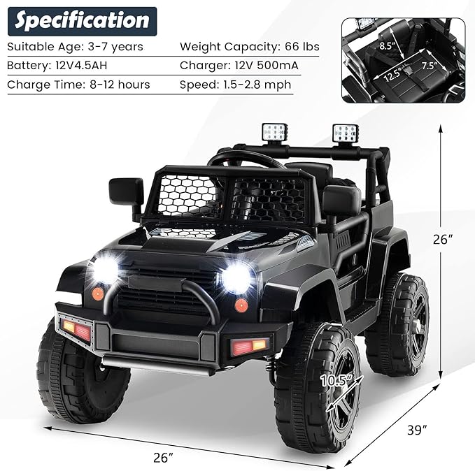 Costzon Ride on Car, 12V Battery Powered Truck Vehicle with Remote Control, Spring Suspension, Headlights, Music, Horn, MP3, USB & Aux Port, Gift for Boys Girls, Electric Car for Kids (Black)