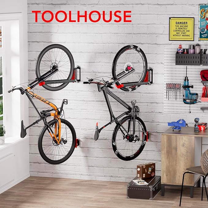 3-Pack Swivel Bike Rack Wall Mount, Bike Hangers for Garage, Space-Saving Vertical Bike Holder, Holds up to 77 lbs, Bicycle Wall Hanger Storage, No Heavy Lifting Required Indoor Hanging Bike Rack-Red