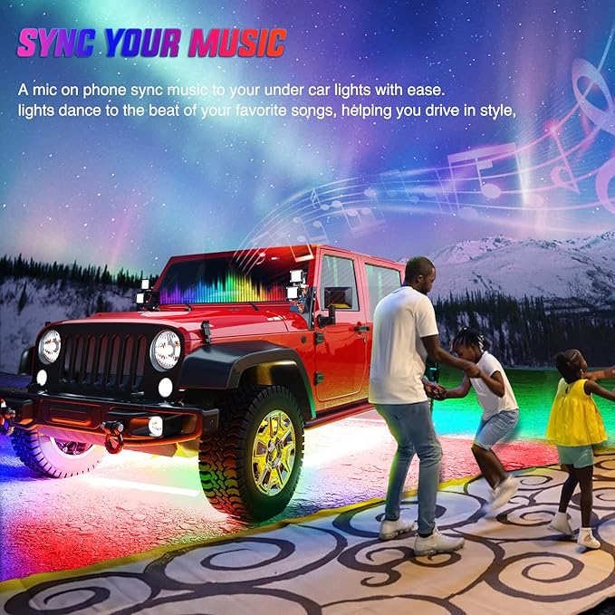 Nilight 4Pcs Car Underglow Neon Accent Strip Lights 256 LEDs RGB Multi Color DIY Sound Active Function Music Mode with APP Control and Remote Underbody Light Strips