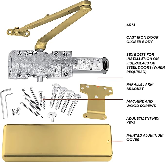 Lawrence Extra Heavy Duty Door Closer Commercial Grade 1 - Adjustable 6-Speed Delayed-Action Door Control with 3 Pistons – Flexible Installation with Included Hardware - Embassy Series LH8016