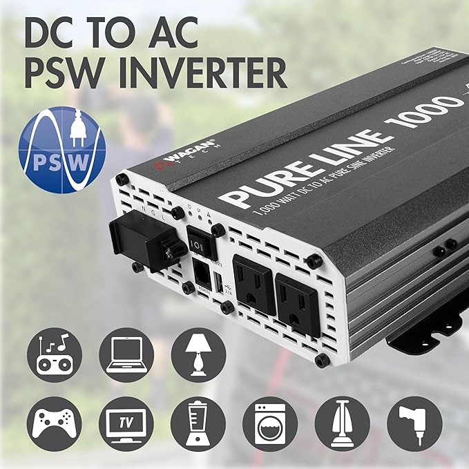 Wagan EL3804 Pure Line Inverter 1000 Watt DC 12V to 110V AC Car Pure Sine Wave Power Inverter for Home RV Camping Van Life Off Grid ETL Certified