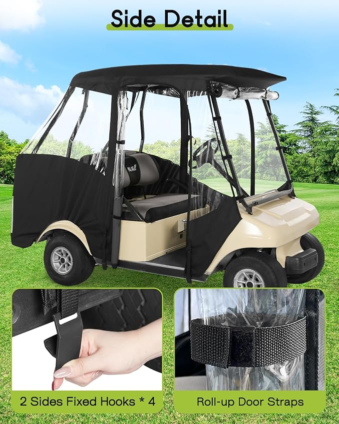 Golf Cart Enclosure 4 Passenger for Club Car DS 2+2 Enclosure Waterproof Windproof Driving Rain Cover Fit 4-Seater Short Roof with 4-Sided Clear Windows Mirror Zipper Roll-up Door Black