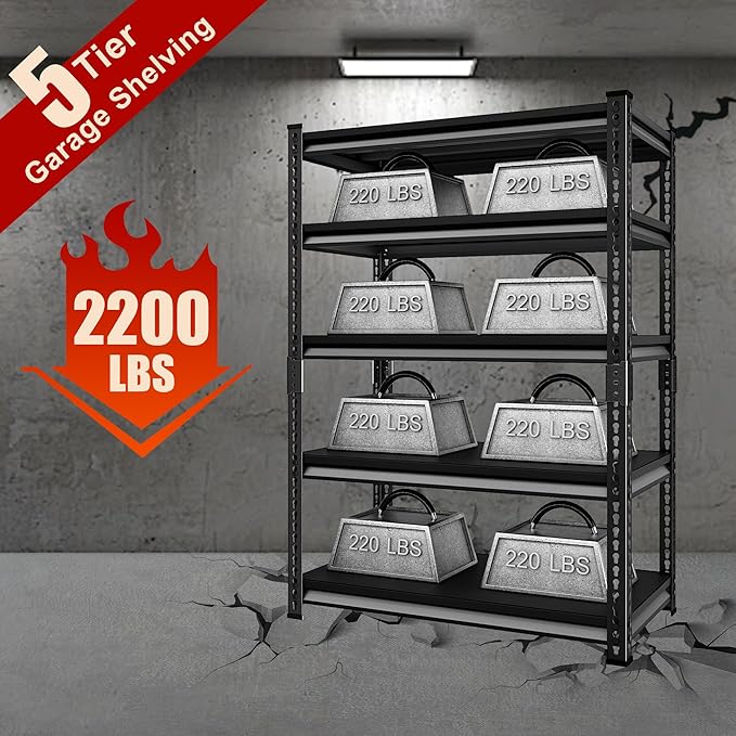 40" W Garage Shelving Heavy Duty, 2200 Lbs Loads Garage Storage Shelves Heavy Duty, 5-Tier Metal Shelving Units and Storage for Basement, Retiple Tanks,40" Wx18 Dx72 H, Black