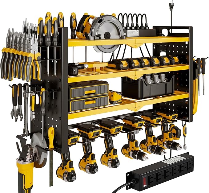 Power Tool Organizer Wall Mount with Charging Station 4 Layer 6 Slot Cordless Drill Holder with Angle Grinder Holder (Yellow)