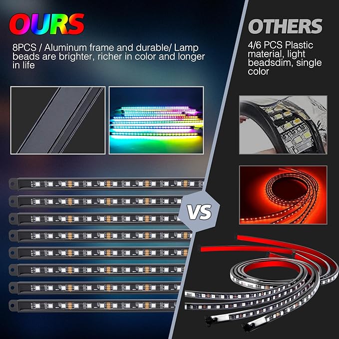 8PCS Car Underglow Light Bar Kit - Wireless App & Remote Control Dreamcolor Chasing Lights, Aluminum Exterior Underbody Multicolor Soundsync Neon Light Strip for Car Truck RV