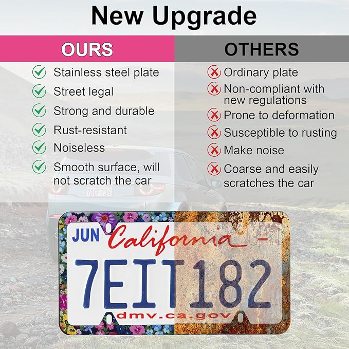 LivTee Flower Floral License Plate Frames, 4 Holes Stainless Steel License Plate Covers, 2PCS Car License Plate Holder, Automotive Exterior Accessories