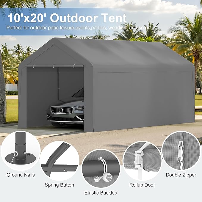 Carport 10x20 Heavy Duty Portable Garage w/Removable Sidewalls & Roll-Up Door Car Canopy Party Tents Waterproof UV Resistant All Weather Car Port for Trucks,Boats(Grey)