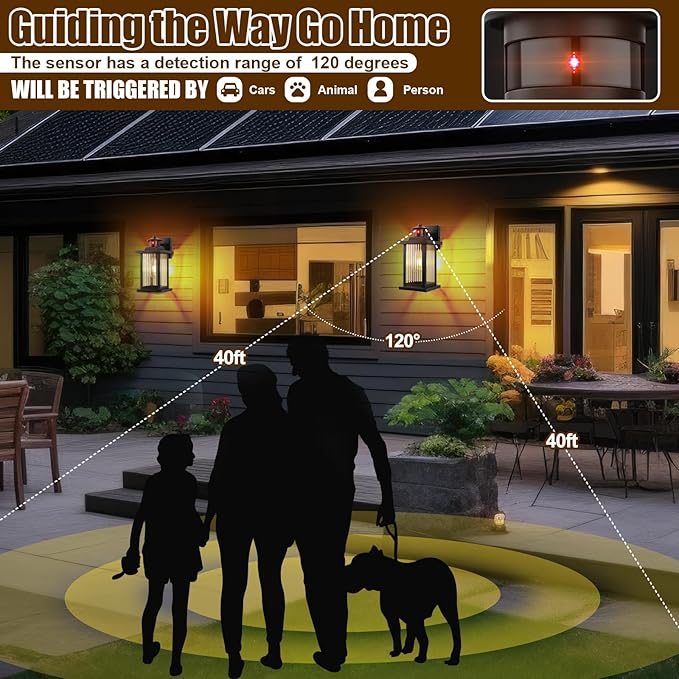 Porch Lights Outdoor Motion Sensor 2 Packs, Black Dawn to Dusk Outdoor Wall Light Fixture, Exterior Motion Sensor Light with Glass Shade, Rust Proof Motion Sensing Front Porch Light