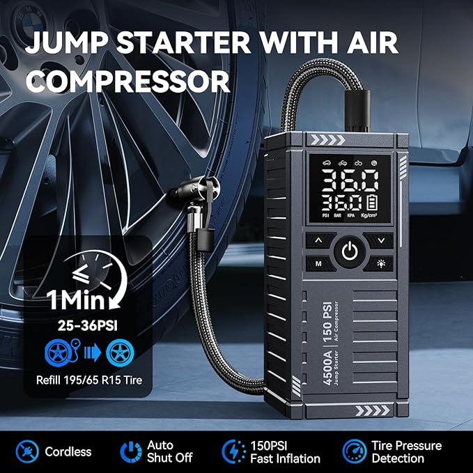 Car Battery Jump Starter with Air Compressor - 4500A 150PSI Portable Car Jump Starters (All Gas/9L Diesel) with Tire Inflator, 12V Car Battery Jump Box with Jumper Cables, LCD Display, LED Light