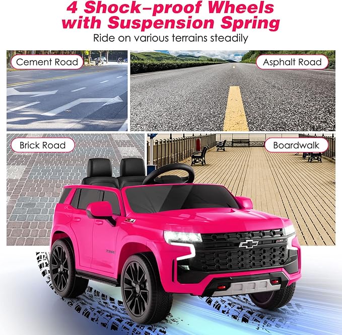 HONEY JOY Ride On Truck, 12V Licensed Chevrolet Tahoe, Chevy Electric Vehicle for Kids, Soft Start, Music, Lights, Battery Powered Ride On Car Toy with Remote Control, Gift for Boys Girls (Pink)