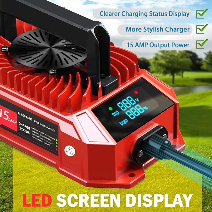 Golf Cart Charger 48 Volt Club Car with LED Visual Charging Display, IP67 15A Golf Cart Battery Charger for Club Car Precedent & DS Lead Acid Battery, 3-Pin Round Plug Cable, Club Car Accessories, Red