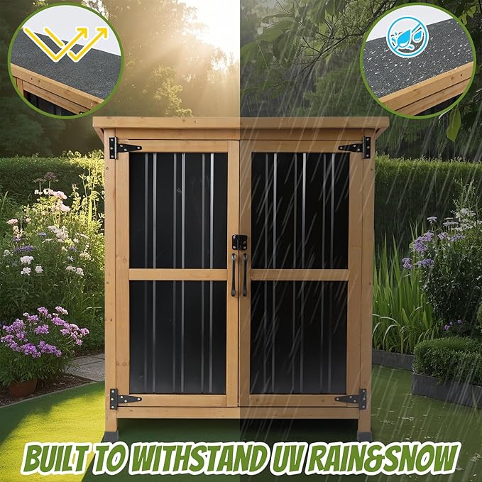 Outdoor Storage Cabinet, Small Wood & Metal Storage Shed with Lockable Doors & Adjustable Shelves, Vertical Outdoor Cabinets Weatherproof for Patio Backyard,Garden Tool Shed and Accessories, Brown