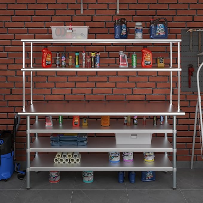Amgood 24" x 72" Stainless Steel Work Table with 3 Shelves and 18" Wide Double Tier Overshelf | Metal Kitchen Prep Table & Shelving Combo | NSF