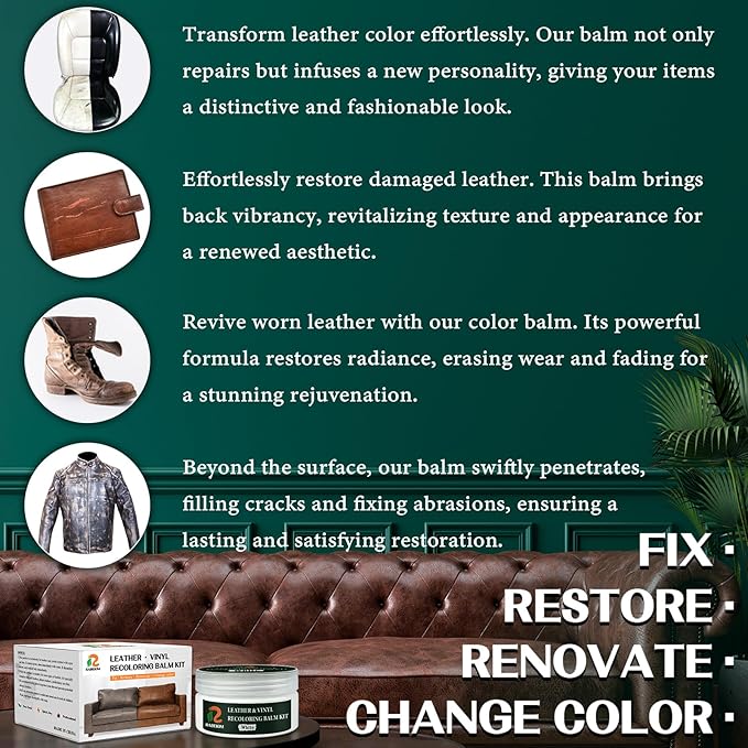 White Leather Repair Kit, Leather Recoloring Balm – Restore & Repair Faded Leather on Couches, Car Seats, Shoes & Furniture | Leather Color Restorer & Conditioner | Easy DIY Application