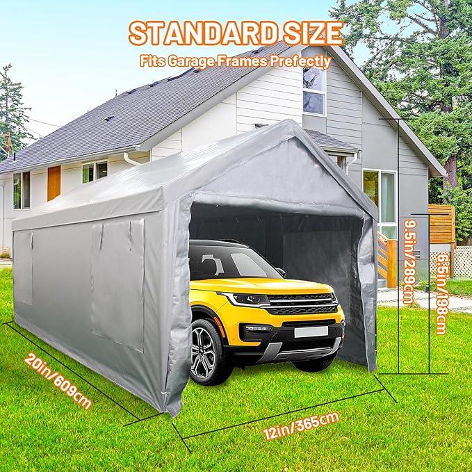 Auraway Carport 12'x20' All-Season Portable Garage Carport, Heavy-Duty Canopywith Roll-Up Vent Windows, Front and Rear Zip Doors, Sandbags, for Cars, Motorcycles and Outdoor Storage (Grey)