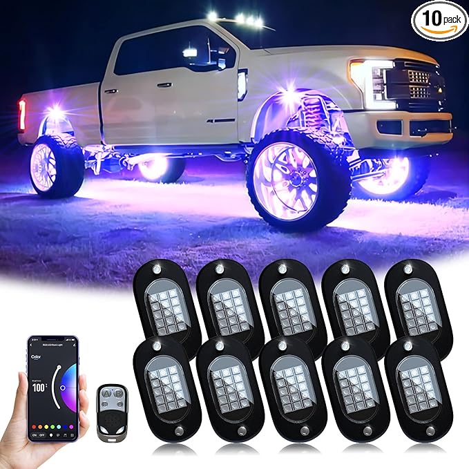 YiLaie RGB LED Rock Lights, with Phone App/Remote Control & Timing & Music Mode Rock Lights forTrucks, Waterproof Rock Light Kits for Jeep ATV RZR UTV SUV Off Road AUTO Motorcycle (10 Pods)