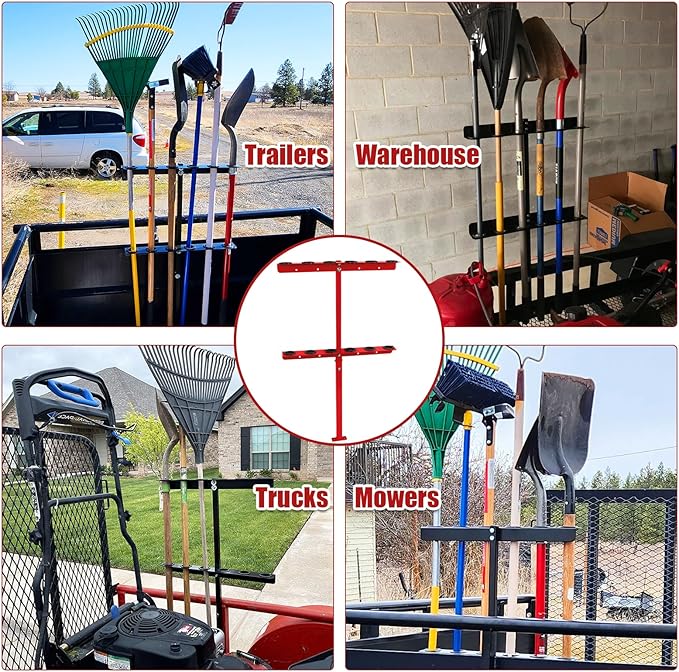 Vertical Hand Rack for Enclosed Landscaping Truck Trailer Garage or Shed Walls Holds 6 Tools for Shovels, Rakes, Hoes, Open Trailer Storage, 1 Pack (Red)
