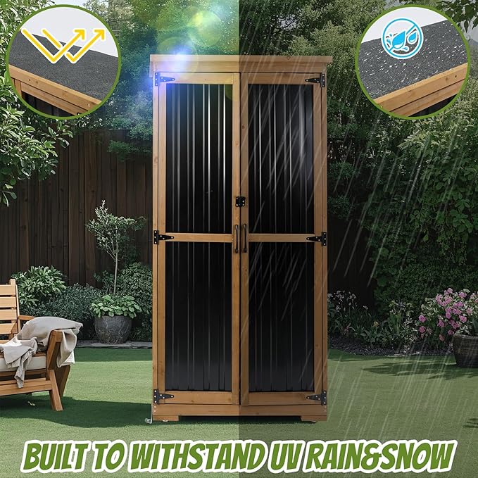 Outdoor Storage Cabinet,Wood & Metal Storage Shed with Lockable Doors & Adjustable Shelves,Vertical Outdoor Cabinets Weatherproof for Patio Backyard, Gardening Tools and Accessories,Brown