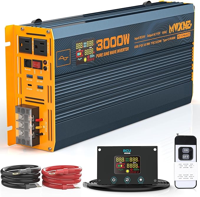 3000W Pure Sine Wave Power Inverter DC 24V to 110V 120V AC with 4 Quick Charging USB Ports& Dual AC Outlets Power Inverters for Vehicles RV Truck Home with LCD Display and Remote Controller
