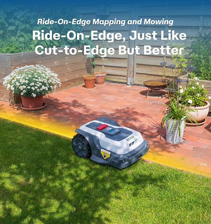 Robot Lawn Mower No Wire T1200Pro 2025 with L-Shape Wall Mount Rod, Automatic Robot Mower, Ride-on Edge Mowing, Multiple Zones Management, AI Obstacle Avoidance, for Lawn Up to 0.37 Acre