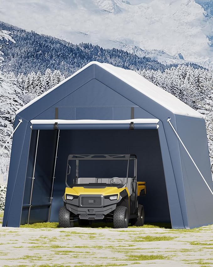 10x10FT Outdoor Storage Shed, Portable Carport with Roll-up Ventilated Zipper Door and Windows, Heavy Duty Waterproof Tarp, Storage Sheds for Motorcycle, Bike, Firewood, Garden Tools