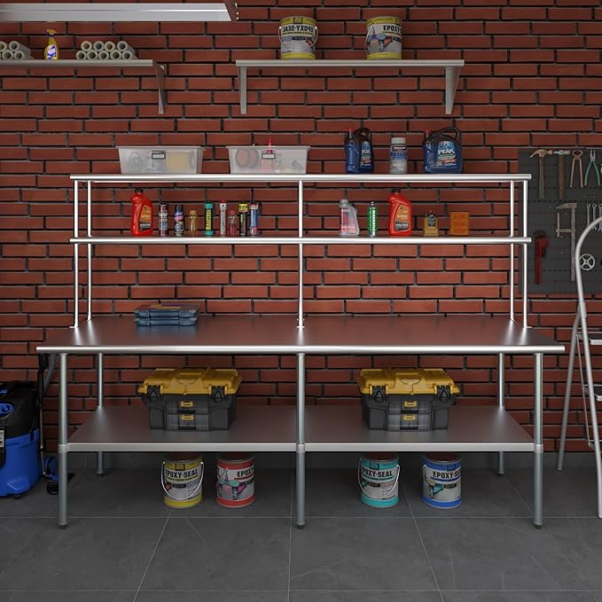 Amgood Stainless Steel Work Table Double Tier Overshelf | Metal Kitchen Prep Table & Shelving Combo (30" x 96" Work Table + 12" Overshelf)