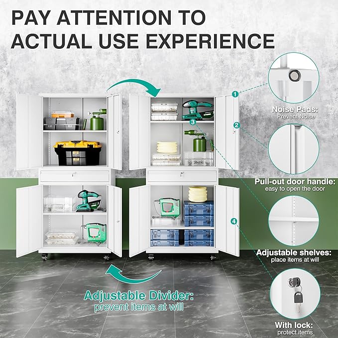 SISESOL White Metal Storage Cabinet with Wheels and Drawer,Rolling Garage Cabinet with Locking Doors and Adjustable Shelves,73" Mobile Tall Large Metal Cabinets for Home,Office,Garage,Shop