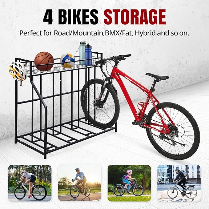 HEALTH LINE PRODUCT 4 Bike Stand, Indoor Bike Storage, Bicycle Rack for Garage - Metal Stability Floor Bicycle Station for Parking Mountain/Road/Hybrid/Fat Tire & Scooters Bike Rack for Garage