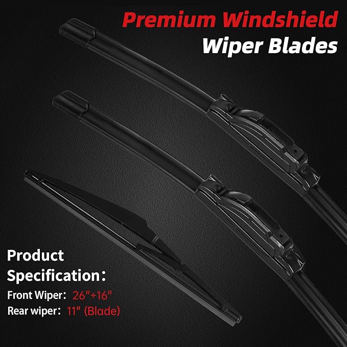 OTUAYAUTO Premium Windshield Wiper Blades - Replacement for Hyundai Kona 2018-2023 - Precision Fit, All-Weather Performance, Front and Rear Wiper Blades, J/U Hook - 26"+16"+11" (Pack of 3)