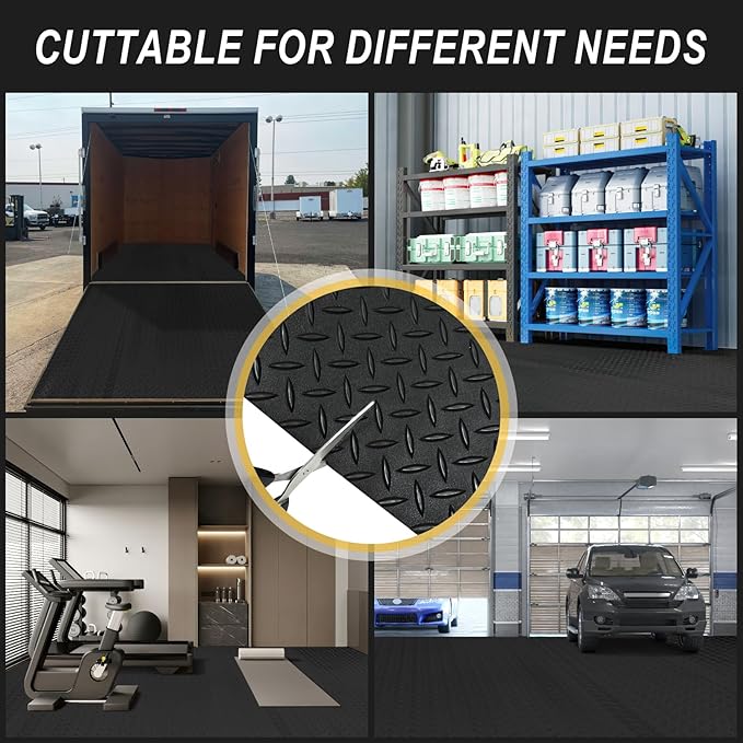 7.5x20 FT Garage Floor Mat, 2.8mm Thickened Flooring Roll with 20Pcs Tapes, Diamond Plate PVC Rubber Trailer Mat, Non-Slip Floor Protector Mat for Garage, Warehouse, Gyms, Trailer(Matte Black)