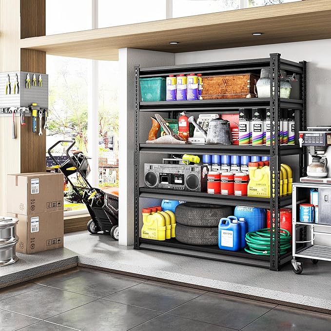 Garage Shelving Heavy Duty 3000LBS Loads, 48" W Adjustable Garage Storage Shelves, 5-Tier Metal Shelving Units and Storage, Industrial Utility Shelf, 48" Wx24 Dx78 H,Black