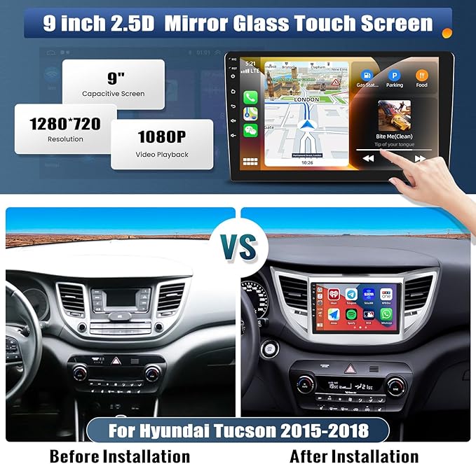 UNITOPSCI 4G+64G 8Core Android 13 Car Stereo for Hyundai Tucson 2015-2018 Wireless Apple CarPlay Android Auto 9” Touchscreen Bluetooth 5.0 GPS Navi DSP Mirror Link WiFi FM/RDS SWC+Backup Camera Mic