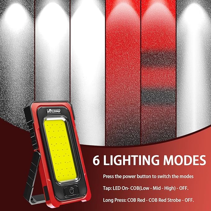 WARSUN Rechargeable Portable Magnetic Work Light, LED Flood Light Waterproof for Outdoor Camping Hiking Emergency Car Repairing (USB + Solar Charging, Red)
