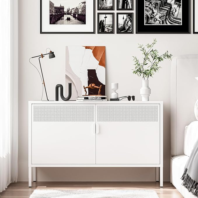 2 Door Storage Sideboard, Metal Storage Cabinet with 2 Adjustable Shelf,Multipurpose Metal Accent Cabinet for Office Home,Music Studio (White, 25''H)
